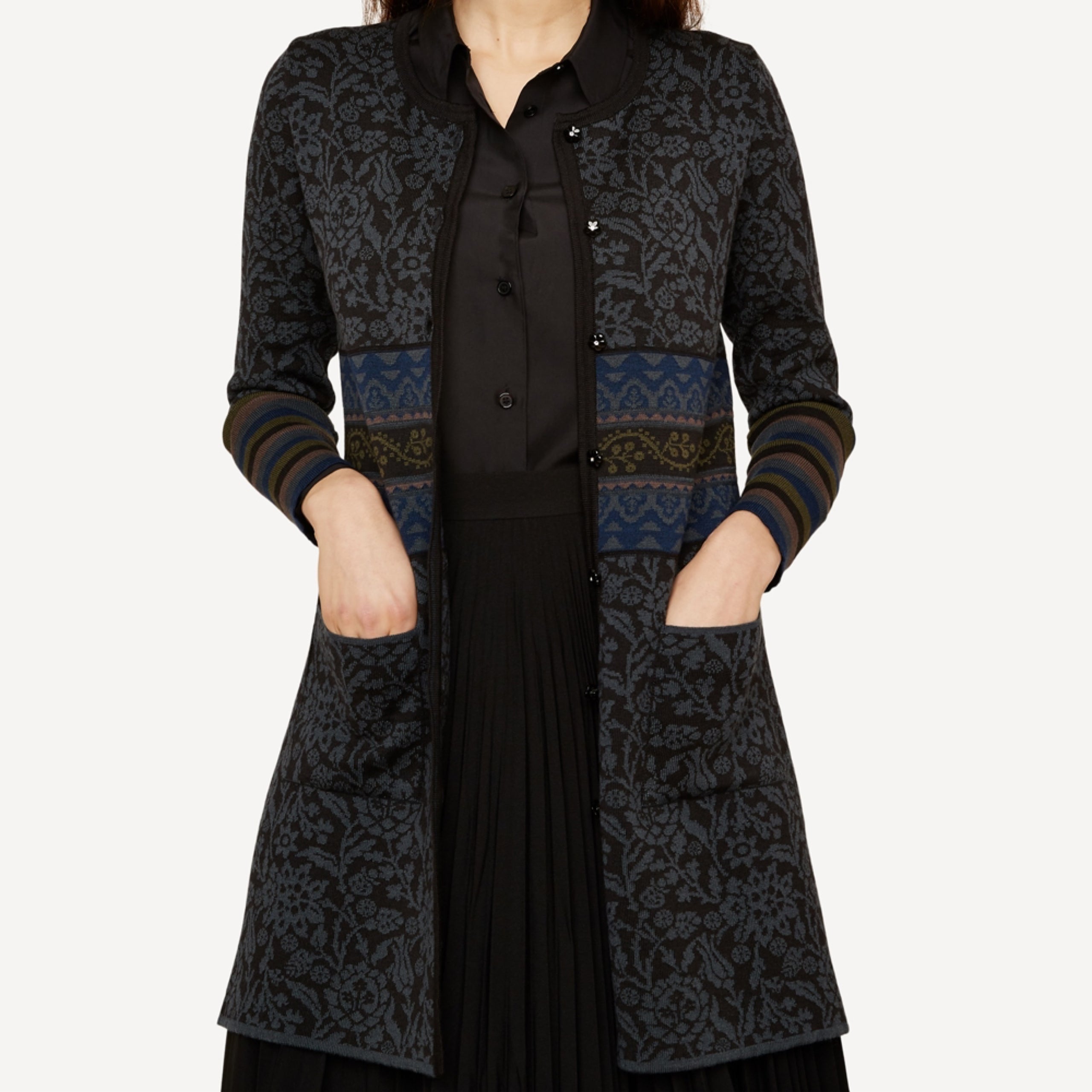 Oleana long wool silk cardigan Silk Road black grey 168O